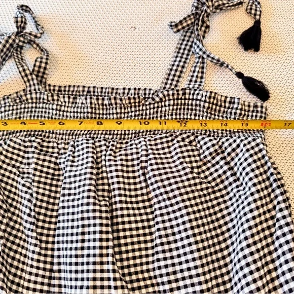 OLD NAVY Smocked Tiered Black White Gingham Plaid Mini Dress w Pockets & Tassels - Picture 10 of 13